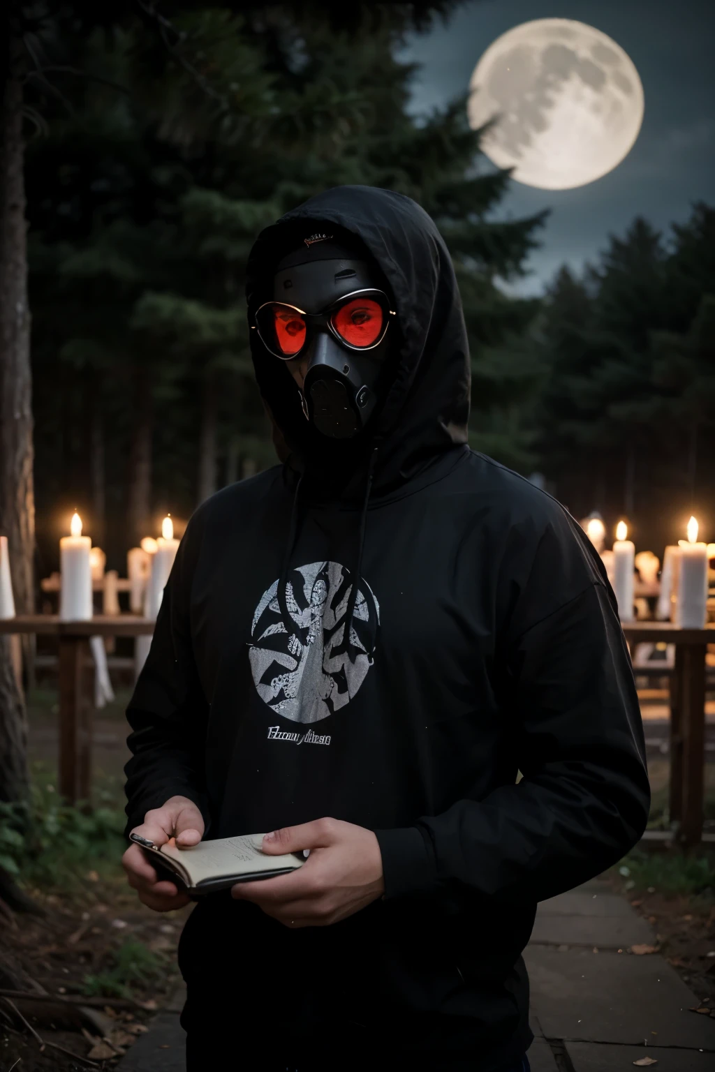 dark boy hood and gas mask (square led sunglasses), preto metalizado (cabelo curto), expression of strength, Standing, musculoso, forte, floresta para (visitas sala) with runes drawn on the walls in red many colorful candles mushrooms and books forest birds mushrooms floating dark moon LEDs night dark, alto contraste, black clothing gray logos arabic letters magic floating fractals