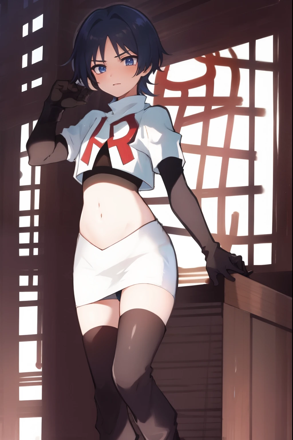 absurdres,masterpiece, trap, best quality, highres, high quality, 1boy, solo, male focus, hair, crossdressing,1boy,team rocket,team rocket uniform,white skirt,red letter R,crop top,black thigh-high boots,black elbow gloves,