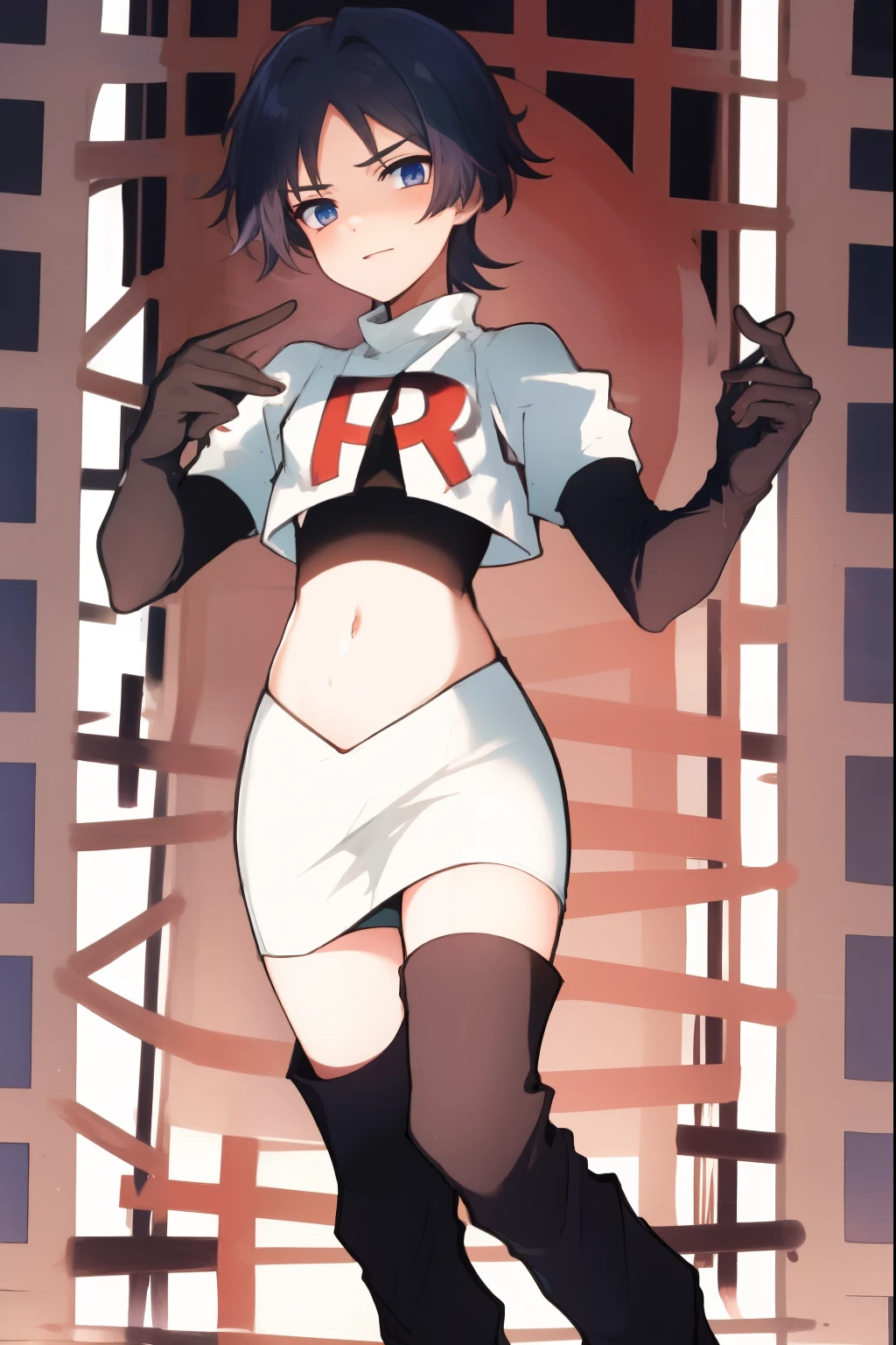 absurdres,masterpiece, trap, best quality, highres, high quality, 1boy, solo, male focus, hair, crossdressing,1boy,team rocket,team rocket uniform,white skirt,red letter R,crop top,black thigh-high boots,black elbow gloves,