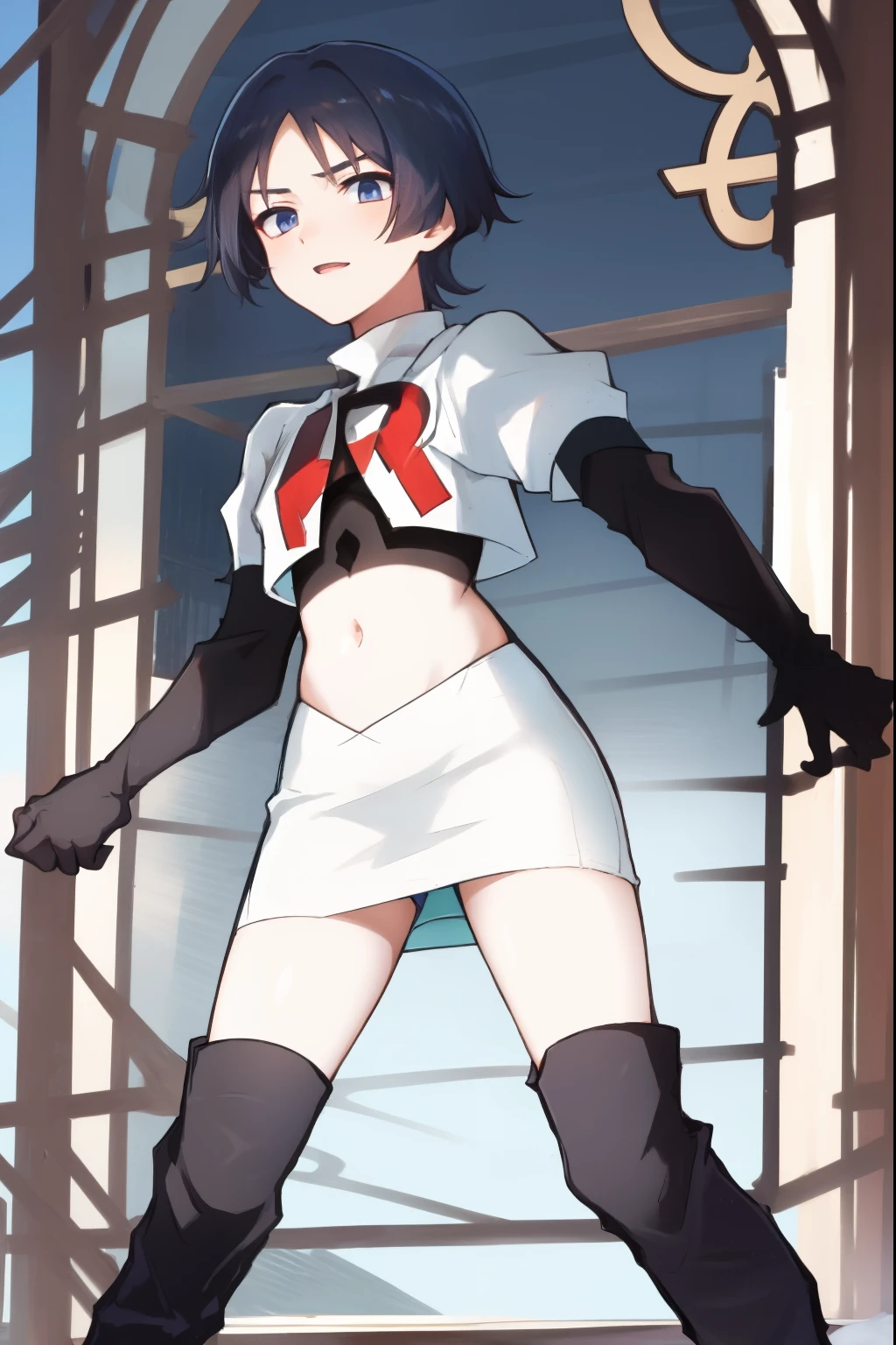 absurdres,masterpiece, trap, best quality, highres, high quality, 1boy, solo, male focus, hair, crossdressing,1boy,team rocket,team rocket uniform,white skirt,red letter R,crop top,black thigh-high boots,black elbow gloves,
