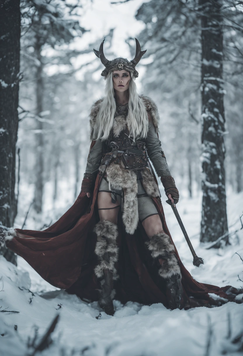rude viking warrior woman near dead bodies, outside, in the forest, wearing warrior clothes, in the style of subtle, frozen tones,war paint aesthetic, rude motifs, i can't believe how strong and eautiful this is, snow.