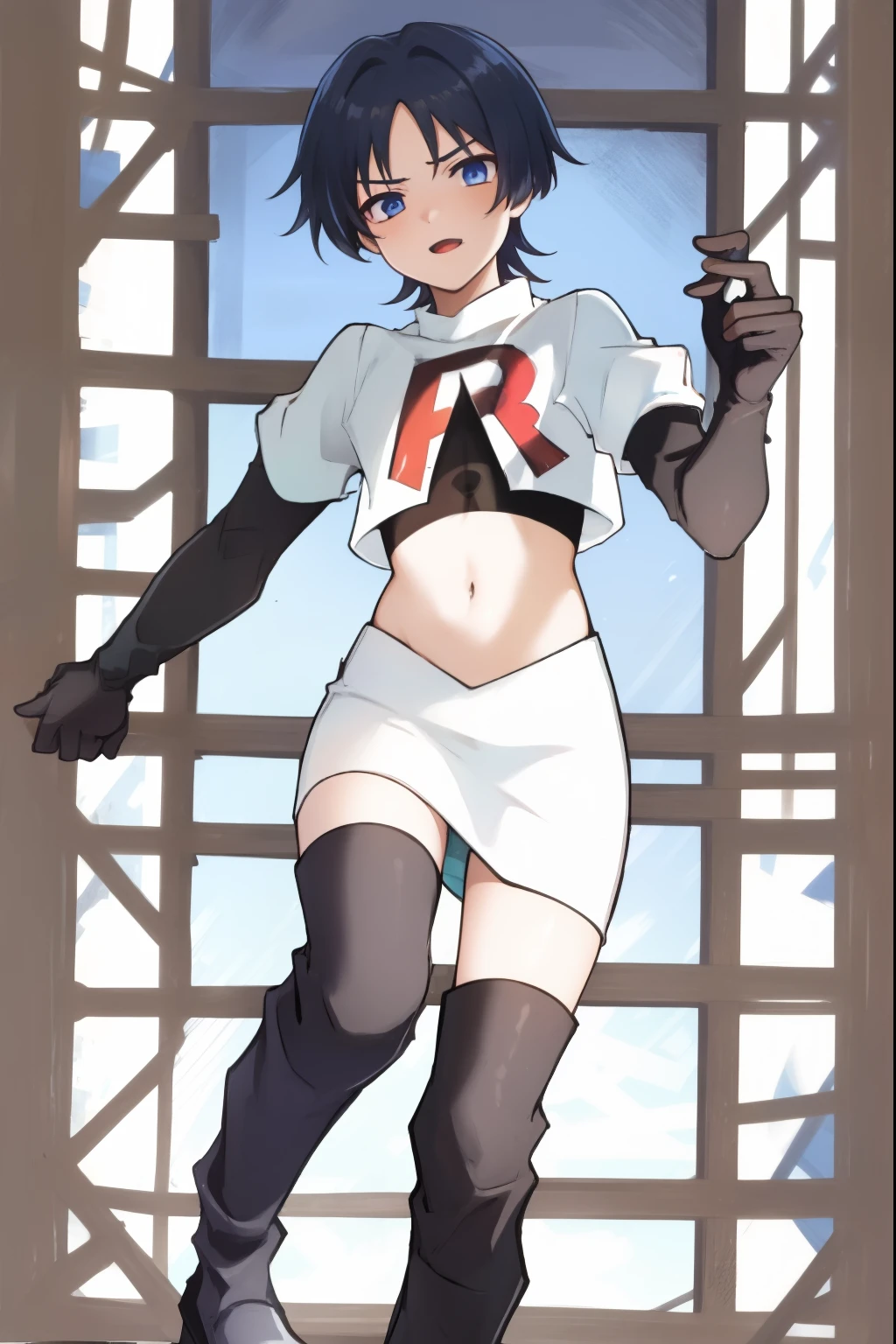 absurdres,masterpiece, trap, best quality, highres, high quality, 1boy, solo, male focus, hair, crossdressing,1boy,team rocket,team rocket uniform,white skirt,red letter R,crop top,black thigh-high boots,black elbow gloves,