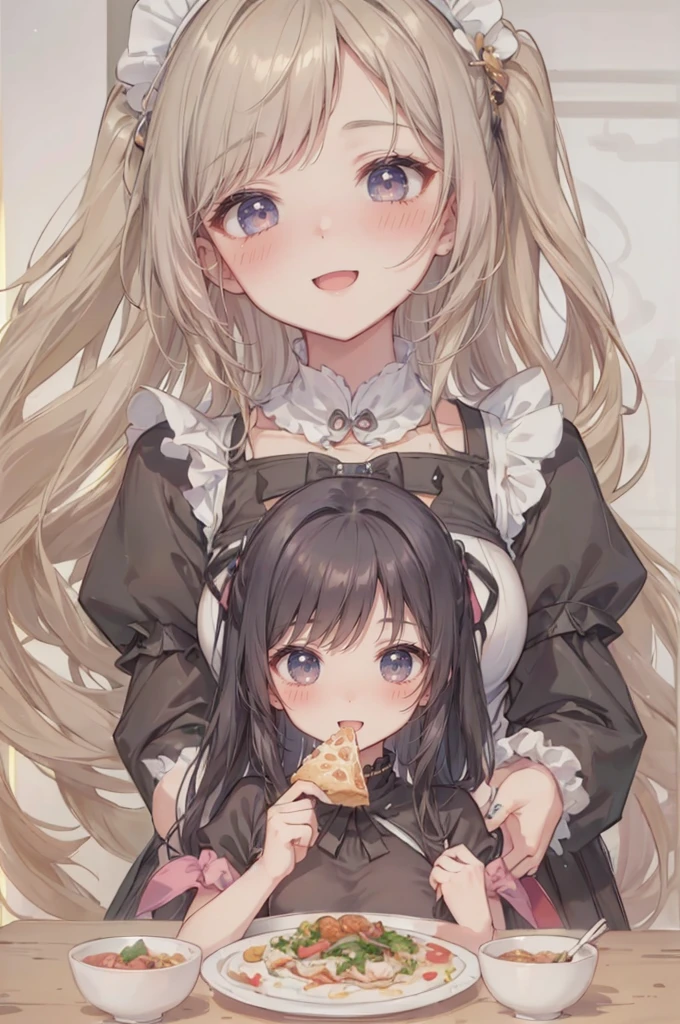 simple background, (3girls:1.8), (height_difference:1.8), (size_difference:1.5), (modern restaurant:1.3), (collarbone), (giantess:1.5), (foreshortening: 1.1), (adult woman: 1.4), elegant hair, (maid uniform), (multiple girls eating food on a tiny table: 1.5), (from sky view: 1.1), (crowds of people: 1.5), (minigirl), (tall girl: 1.1), professionally drawn, (huge breasts), (cleavage sweat), (anime drawing:1.1), (simple bold lines: 1.1), (anime:1.1), (very cute anime girl), (bright), (low contrast), (prettiest age girl), (mature face: 1.4), (tall girl with big breasts: 1.2),