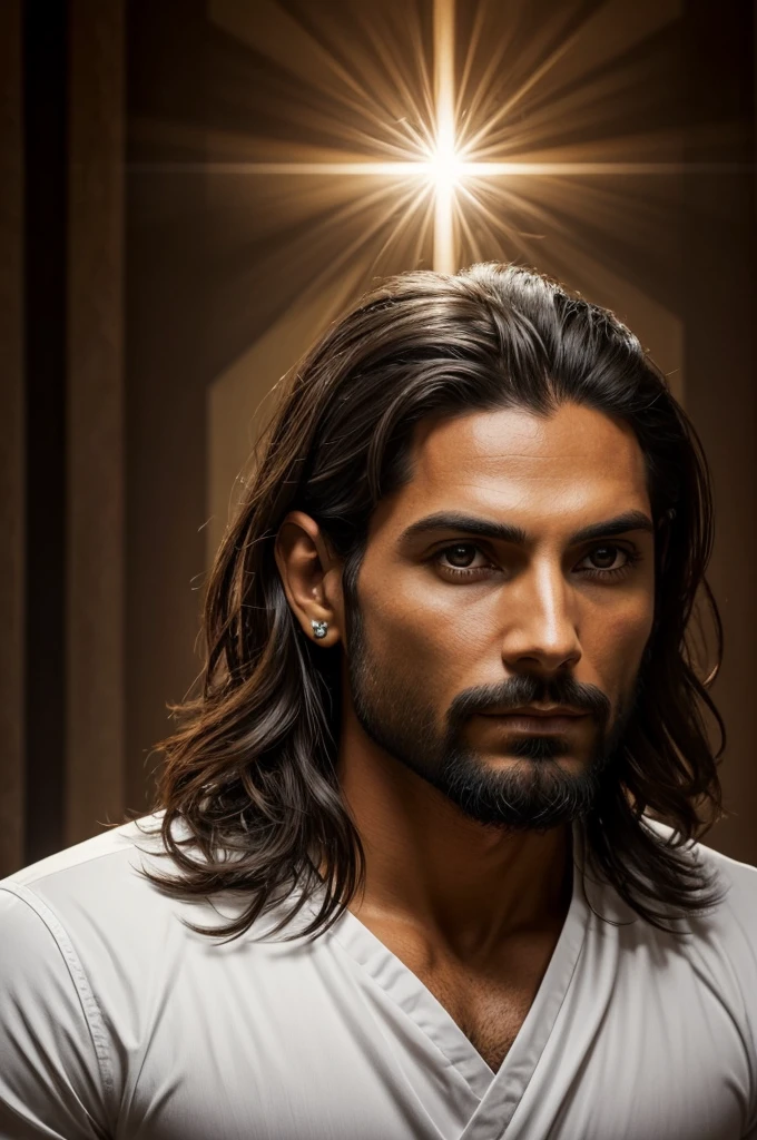 jesus cristo, homem de 33 anos, masculino, barba e cabelo castanho, (homem santo), crown of thorns on the head, espinhos de madeira, (imagem em HD), imagem de frente, cristo jesus, vestindo com um manto, roupa de rei, manto vermelho, cor vermelha, (((melhor qualidade de imagem))), super realista, (((jesus cristo))), filho de deus, todo poderoso, (((luz divina)))