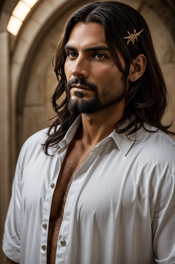 jesus cristo, homem de 33 anos, masculino, barba e cabelo castanho, (homem santo), crown of thorns on the head, espinhos de madeira, (imagem em HD), imagem de frente, cristo jesus, vestindo com um manto, roupa de rei, manto vermelho, cor vermelha, (((melhor qualidade de imagem))), super realista, (((jesus cristo))), filho de deus, todo poderoso, (((luz divina)))