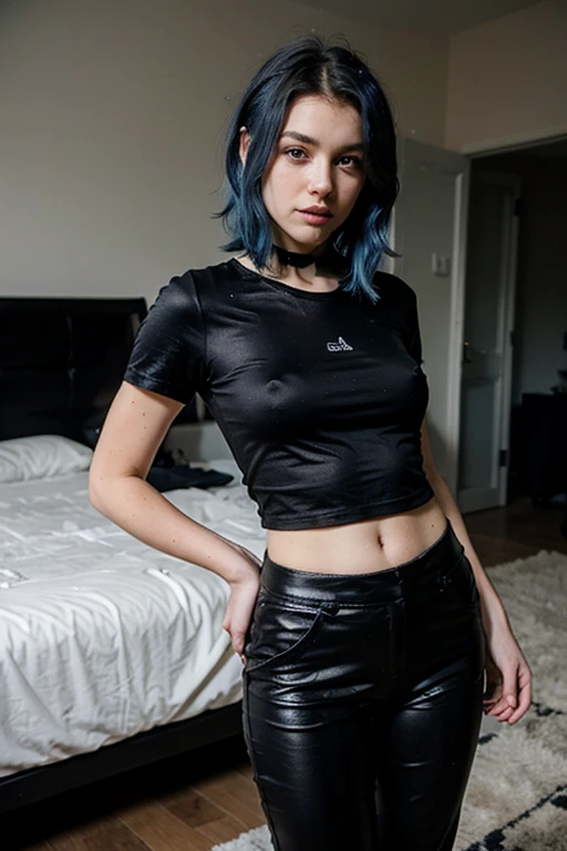22 year old blue haired model standing in the bedroom in a black t-shirt and black silk pants