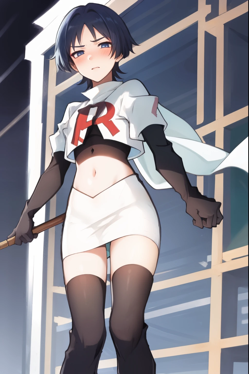 absurdres,masterpiece, trap, best quality, highres, high quality, 1boy, solo, male focus, hair, crossdressing,1boy,team rocket,team rocket uniform,white skirt,red letter R,crop top,black thigh-high boots,black elbow gloves, embarrassed, blush