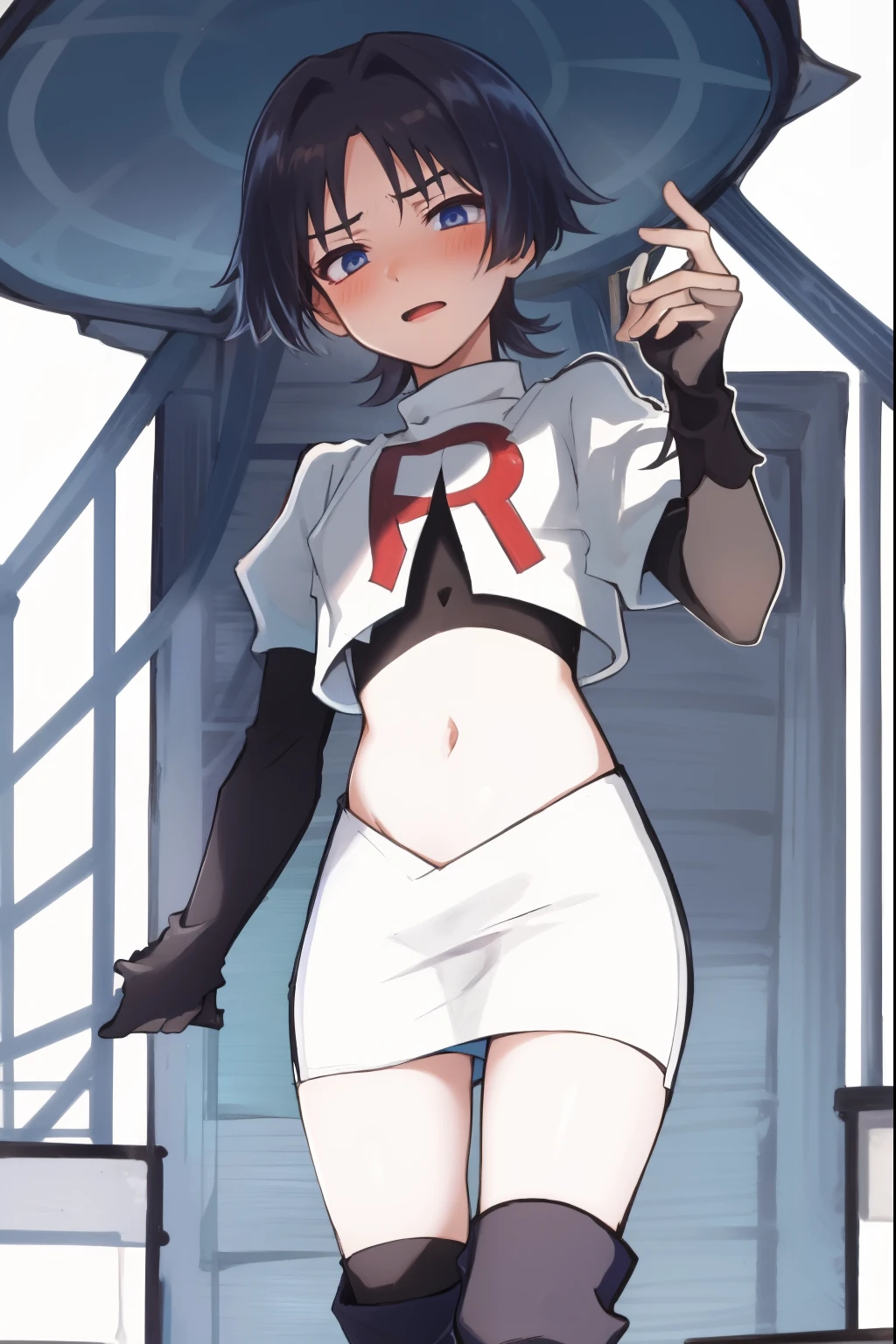 absurdres,masterpiece, trap, best quality, highres, high quality, 1boy, solo, male focus, hair, crossdressing,1boy,team rocket,team rocket uniform,white skirt,red letter R,crop top,black thigh-high boots,black elbow gloves, embarrassed, blush