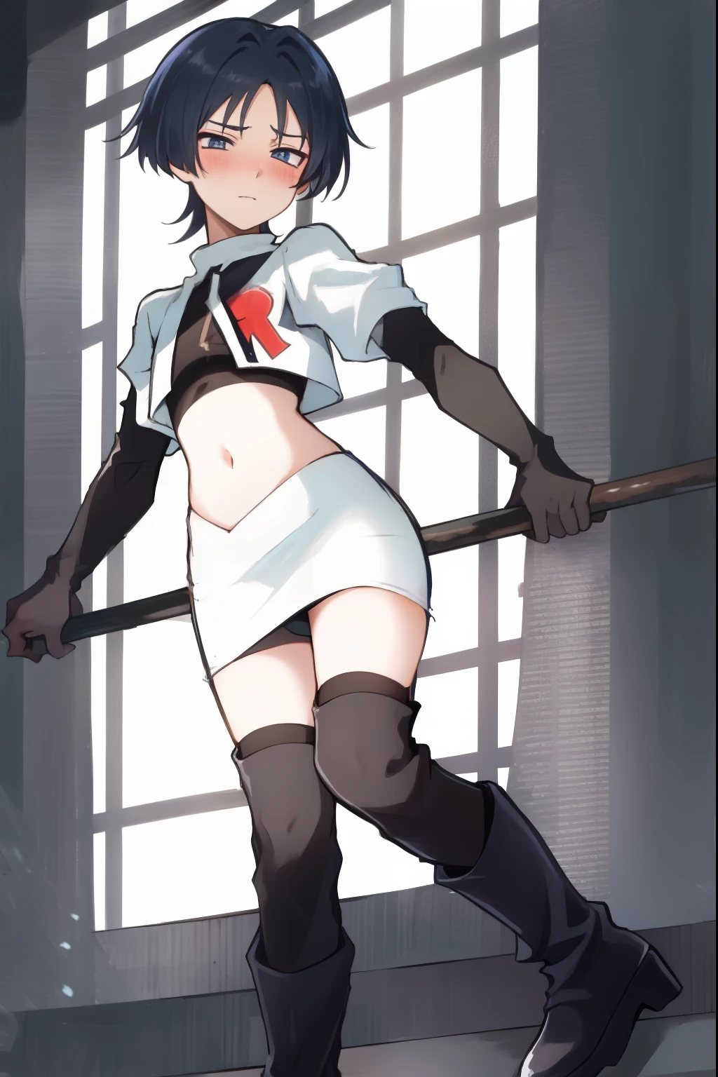 absurdres,masterpiece, trap, best quality, highres, high quality, 1boy, solo, male focus, hair, crossdressing,1boy,team rocket,team rocket uniform,white skirt,red letter R,crop top,black thigh-high boots,black elbow gloves, embarrassed, blush