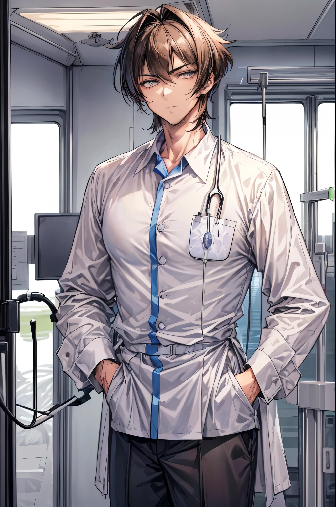 (flat color:1.1),(masterpiece:1.2), best quality, masterpiece, original,medium length boyish manly shaggy spiky brown hair (mature, handsome man looking at the camera at a hospital:1.5), wearing a scientist uniform