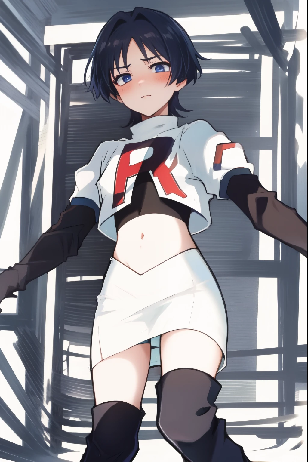 absurdres,masterpiece, trap, best quality, highres, high quality, 1boy, solo, male focus, hair, crossdressing,1boy,team rocket,team rocket uniform,white skirt,red letter R,crop top,black thigh-high boots,black elbow gloves, embarrassed, blush