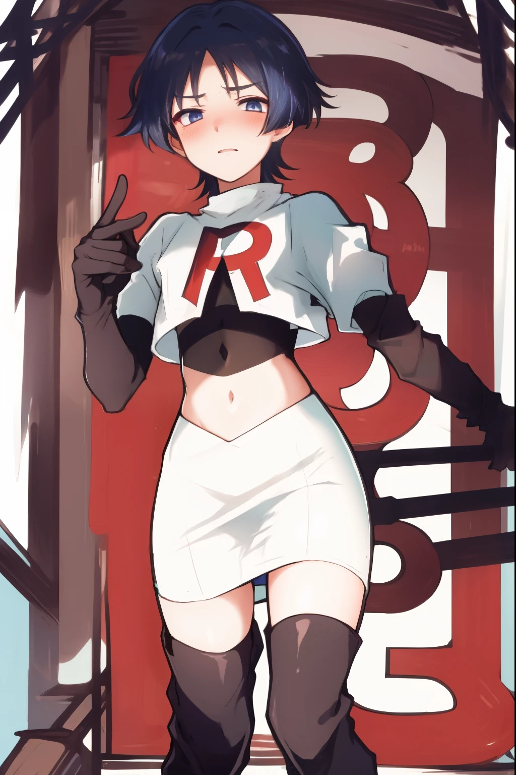 absurdres,masterpiece, trap, best quality, highres, high quality, 1boy, solo, male focus, hair, crossdressing,1boy,team rocket,team rocket uniform,white skirt,red letter R,crop top,black thigh-high boots,black elbow gloves, embarrassed, blush