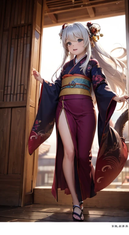 High quality, girl in red kimono, flowing hair, long hair, white hair, small nose, wind is blowing, girl facing front, large clear eyes, slightly upturned, arched eyebrows, nose small and barely noticeable, Caucasian face, small nose, smiling, one Chinese dragon, dragon is huge and long in the air, so it stands out, drawn large, flying but without wings, dragon is very powerful, white dragon, dragon looking at girl on side, woman in gorgeous kimono in front of dragon