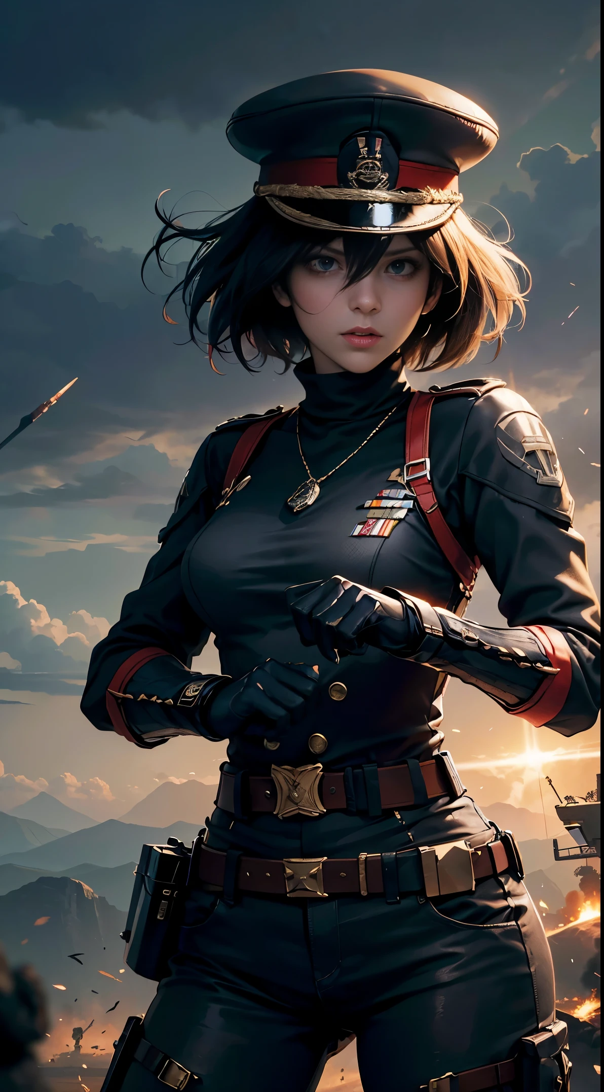 Woman short hair  jump punch panzer, epic look, batalha, terno preto geral ww2, General ww2, black military hats with red details, simbolo cominist, urss, punch panzer, epic punch, collision panzer, tanques e soldados ao fundo,elemento vermelho do sangue,HD claro e escuro, Balance rendering, HD and dark lighting )<=(Epic image quality)dark atmosphere with bright particle light(muitos efeitos em segundo plano)