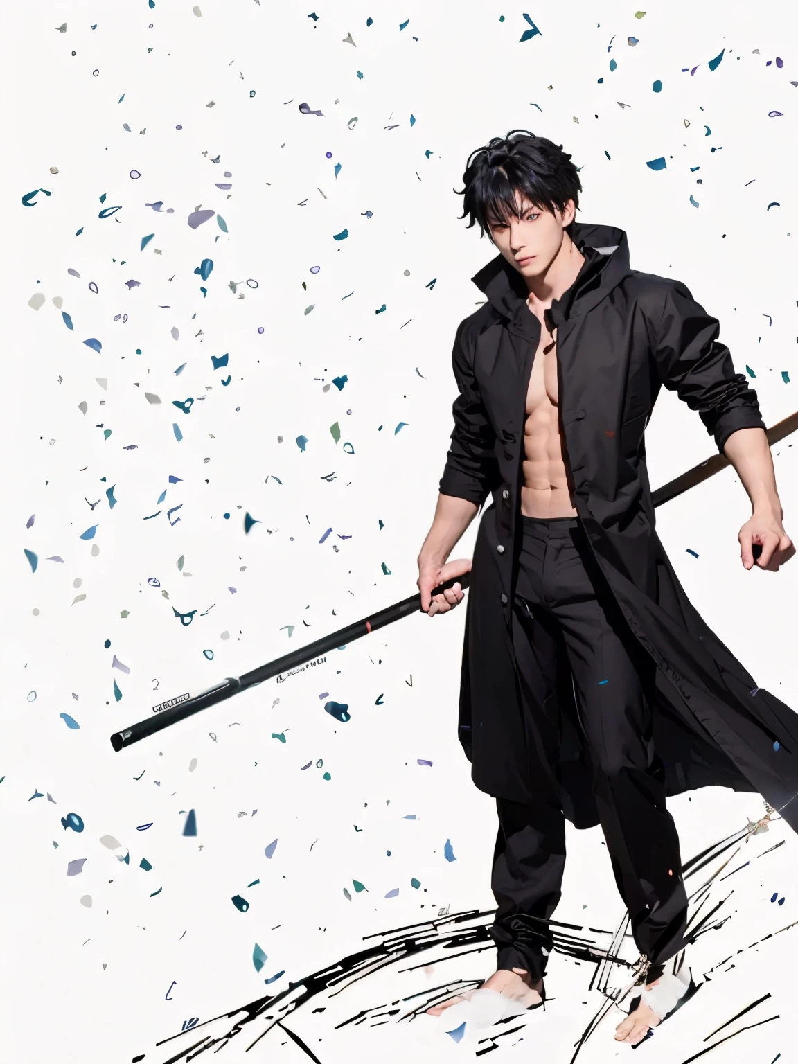 male anime image in long coat and staff, muscular male wizard, young male with walking stick, inspired by Sakai Hōitsu, swordsman, male anime character, muscular male fantasy alchemist, male shadow mage young, long trunk holding a stick, unrealistic character concept, male anime style, gojo satoru from jujutsu kaisen