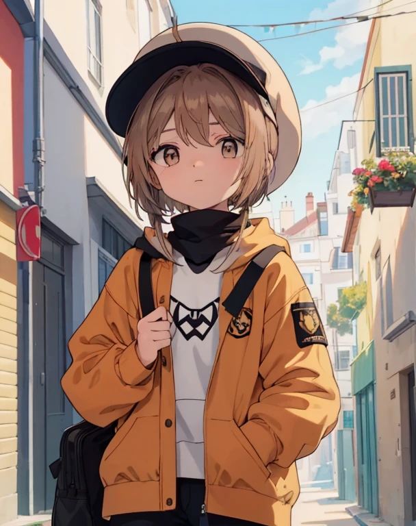 Obra maestra,1girl,solamente,Cabellocorto, ,brown-hair, sudadera con capucha, fuera del hombro:1.2, Gorra de la mafia, calle,Mano en la cadera, Mano en el bolsillo,