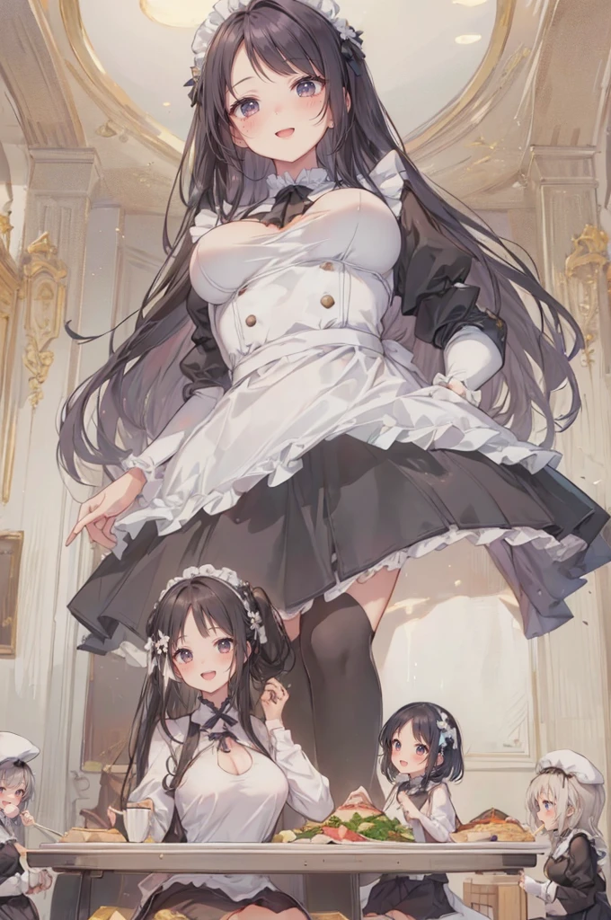 simple background, (3girls:1.8), (height_difference:1.8), (size_difference:1.5), (modern restaurant:1.3), (collarbone), (giantess:1.5), (foreshortening: 1.1), (adult woman: 1.4), elegant hair, (maid uniform), (multiple girls eating food on a tiny table: 1.5), (from sky view: 1.1), (crowds of people: 1.5), (minigirl), (tall girl: 1.1), professionally drawn, (huge breasts), (cleavage sweat), (anime drawing:1.1), (simple bold lines: 1.1), (anime:1.1), (very cute anime girl), (bright), (low contrast), (prettiest age girl), (mature face: 1.4), (tall girl with big breasts: 1.2),
