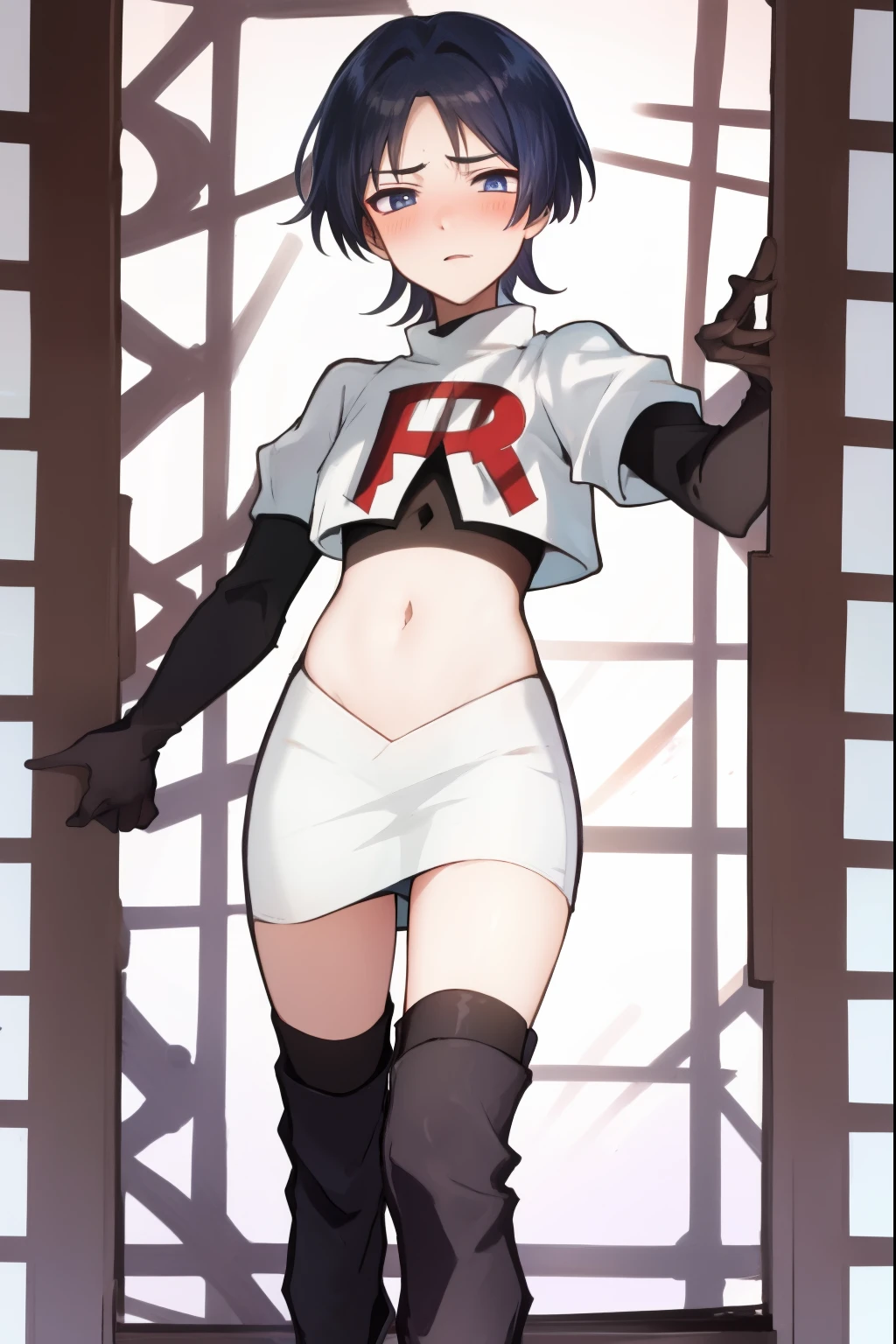 absurdres,masterpiece, trap, best quality, highres, high quality, 1boy, solo, male focus, hair, crossdressing,1boy,team rocket,team rocket uniform,white skirt,red letter R,crop top,black thigh-high boots,black elbow gloves, embarrassed, blush