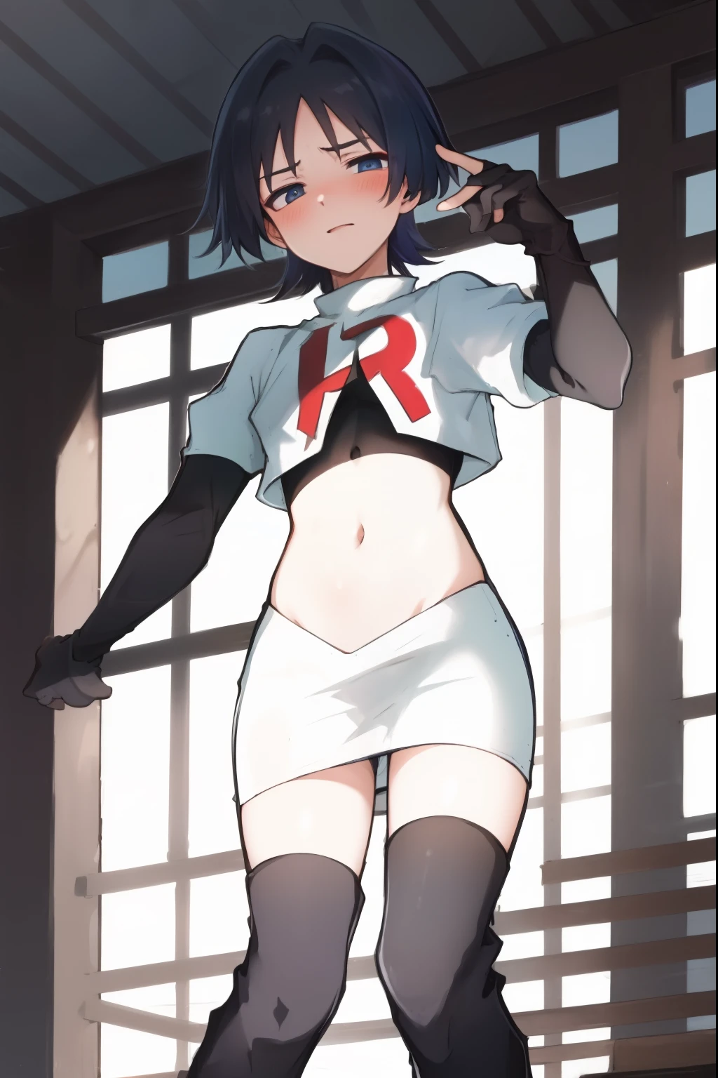 absurdres,masterpiece, trap, best quality, highres, high quality, 1boy, solo, male focus, hair, crossdressing,1boy,team rocket,team rocket uniform,white skirt,red letter R,crop top,black thigh-high boots,black elbow gloves, embarrassed, blush