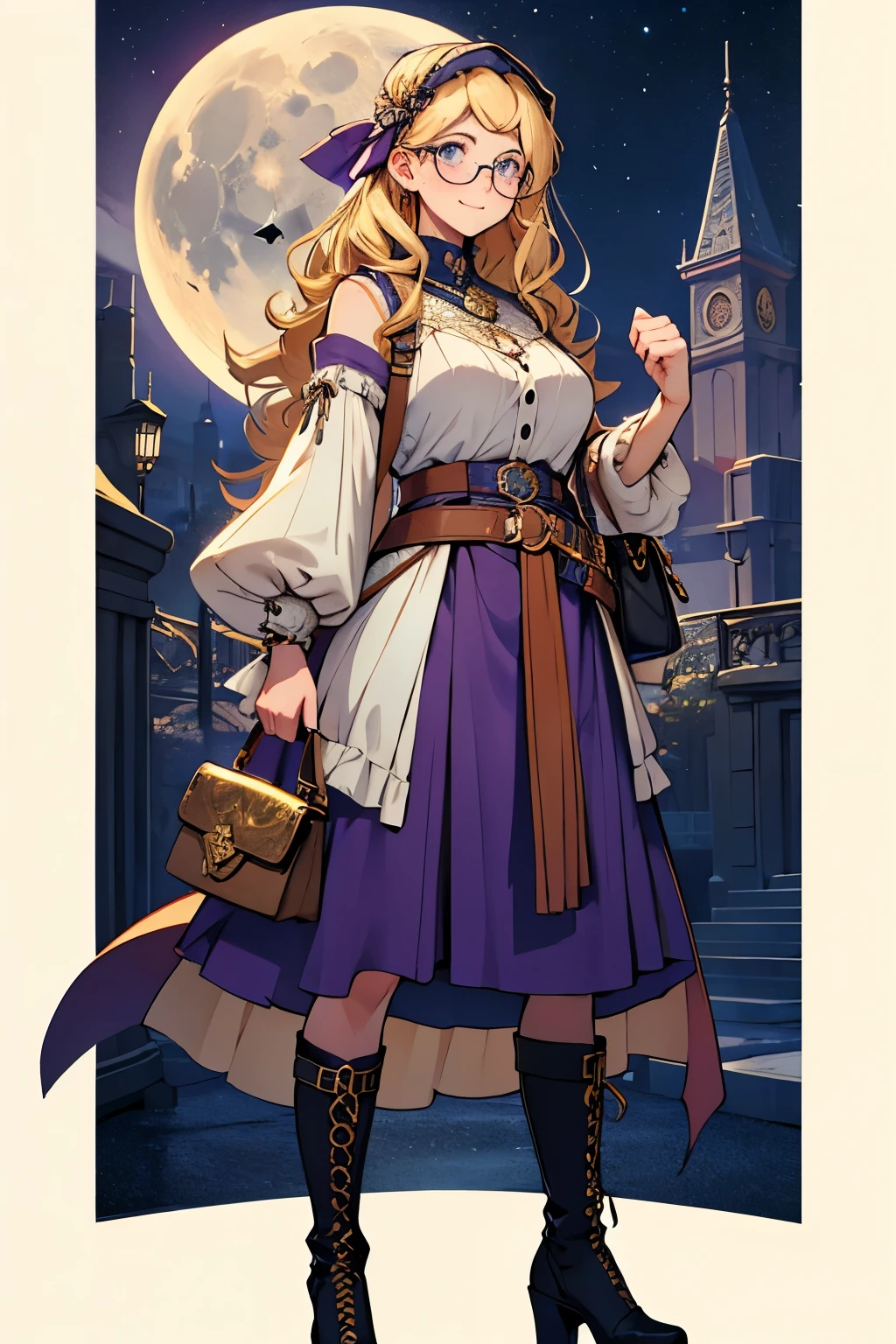 full length image, best quality, voluptuous woman in her late 20's, standing, clumsy, cute, long curly flowing blonde hair, round face with golden freckles, blushing cheeks, playful blue eyes, small round spectacles, a slight smile, modest dark purple dress with ruffles, details of layers of sheer fabric, stars, moon and sun, fortune teller style clothing, thin gold belt loosely around her waist with small bags and pouches hanging from it, a cross body bag hanging at her hip with scrolls and potions visible, knee high leather boots with laces and charms, tarot cards in her hand, full length image, a carpet bag on the ground near her feet