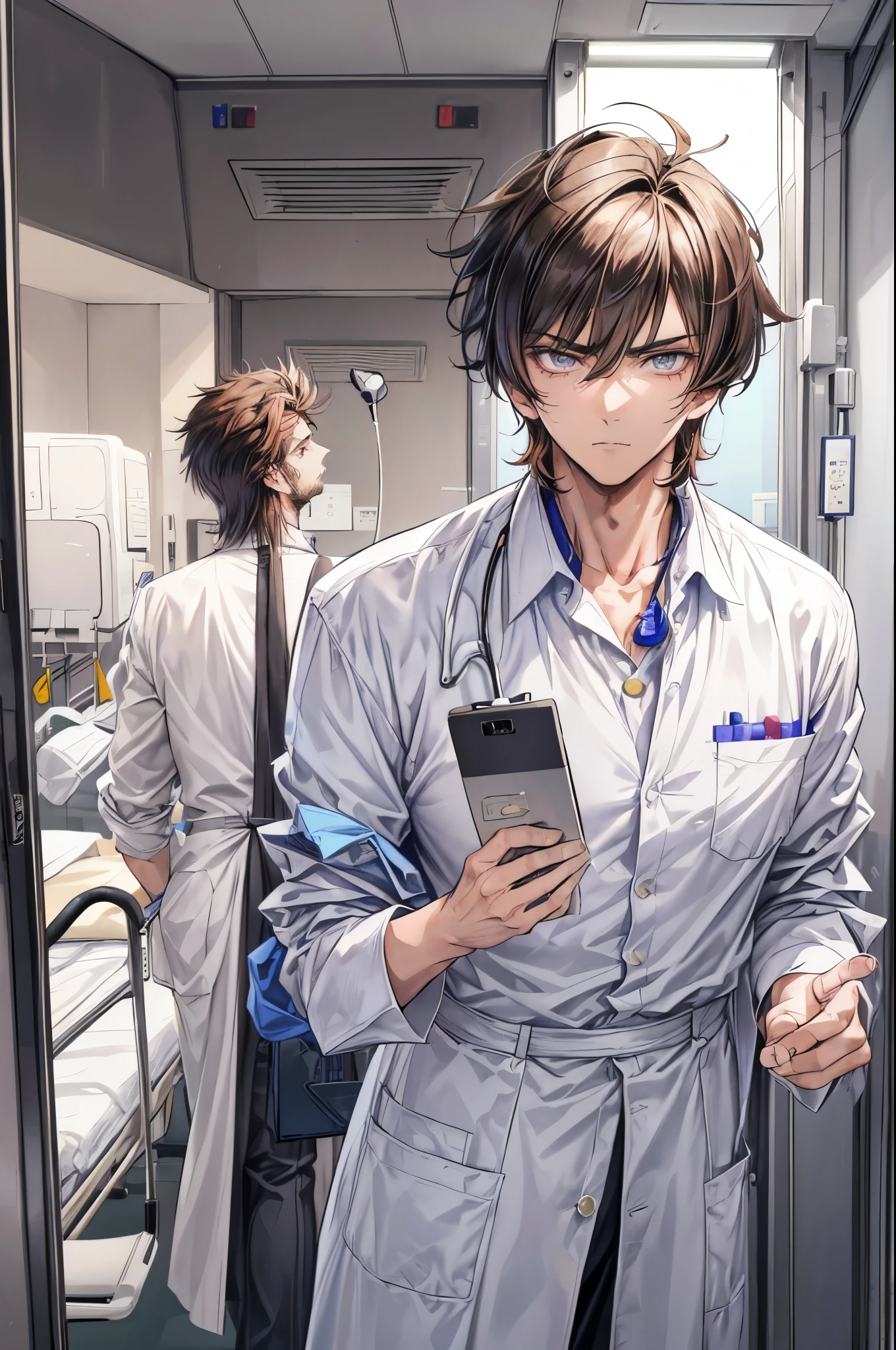 (flat color:1.1),(masterpiece:1.2), best quality, masterpiece, original,medium length boyish manly shaggy spiky brown hair (mature, handsome man looking at the camera at a hospital:1.5), wearing a scientist uniform