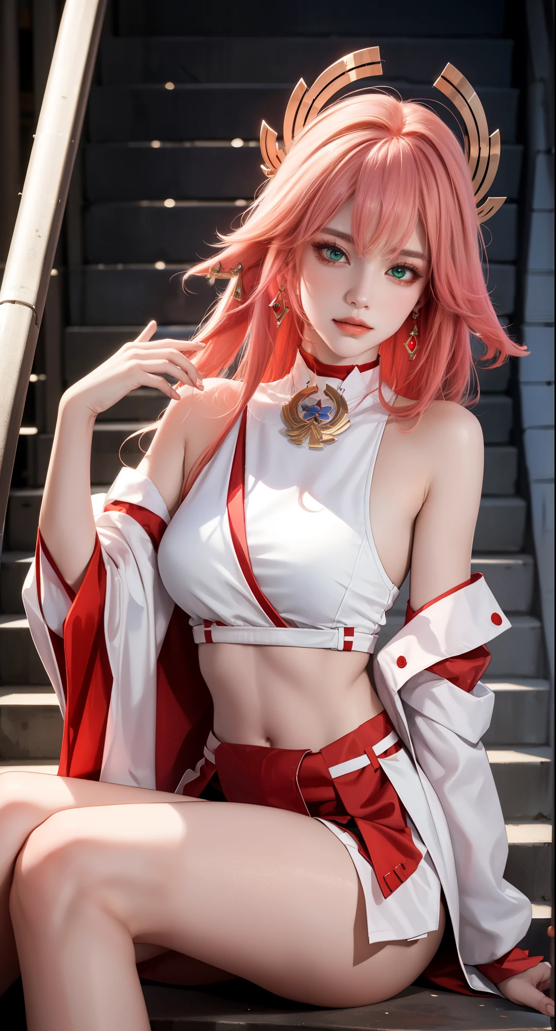 Sitting on a staircase, looking down, (Masterpiece, Excellent, 1girl, solo, complex details, color difference), realism, ((medium breath)), off-the-shoulders, big breasts, sexy, Yae Miko, long pink hair, red headdress, red highlight, hair above one eye, green eyes, earrings, sharp eyes, perfectly symmetrical figure, choker, neon shirt, open jacket, turtleneck sweater, graffiti, dim lighting, alley, looking at the audience, ((mean, seductive, charming)), tulle, bare shoulders, blooming flower fields, radiant skin, faint smile, sexy, bust, no breast cover, naked, cocked ass, tummy look