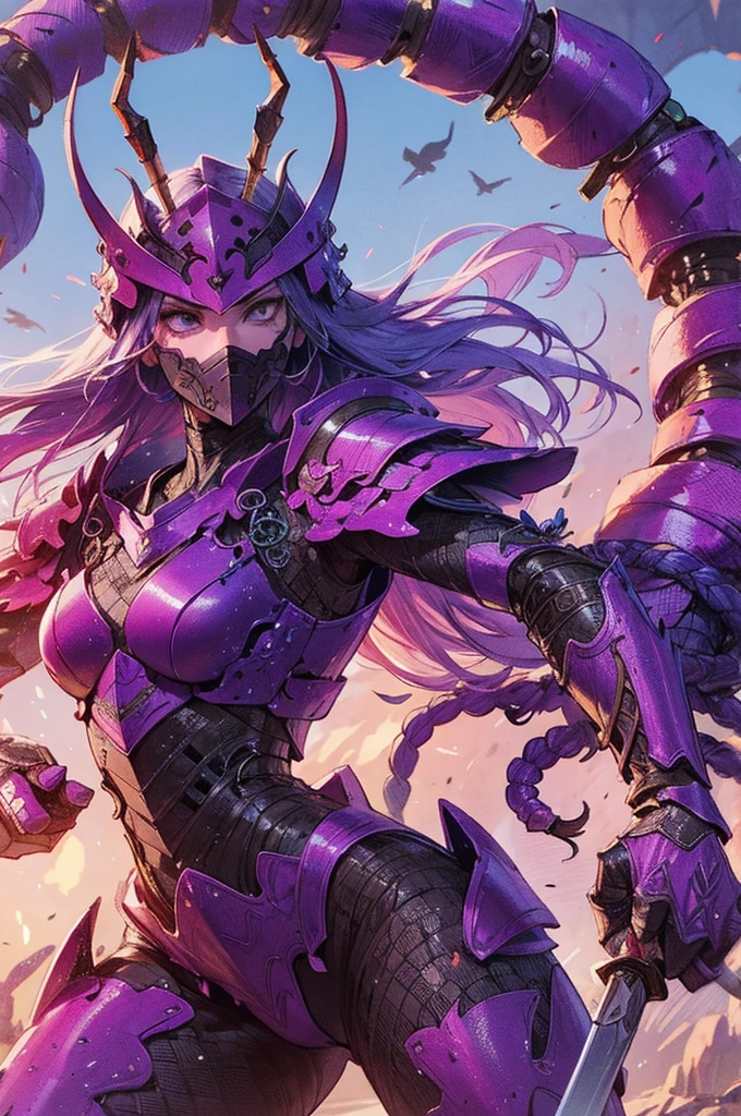 (Detailed illustrations,Very detailed and detailed drawing,Delicate lines with slow and rapid,Realistic texture expression),[Color tressed main line],(Fantasy World Battlefield Background [Burning castle]),(GIRL ROBOT 16yo (purple scorpion[METALFACE]) (SKINNY)) [WEAPON MACHINE],((NINJA Sengoku Armor))[stall],[[poisonous scorpion pattern]],[Use a ninja sword as a weapon],[[Mobile Weapon Gigant Size][Science Fiction Mechanical]],[Clear purple translucent shell that covers the body surface],(Intricate and beautiful decoration [Dense detail]),[Transparency],(Precisely drawn face)[完璧な目のdetaileds(Iris beautifully drawn in every detail)[Jewel-like eyes]],[long and beautiful eyelashes],[Meticulously drawn hair [美しく艷やかな髪のdetaileds]],(完璧な手のdetaileds [Beautiful fingers without breakdowns [Beautiful nails]]),(Perfect Anatomy(Perfectly proportioned))[[Full body like]],[Ideal color coordination(Accurate simulation of light-material interactions)],([Precision Detail](detaileds,high-detail)),[Visual art that conveys a sense of narrative].
