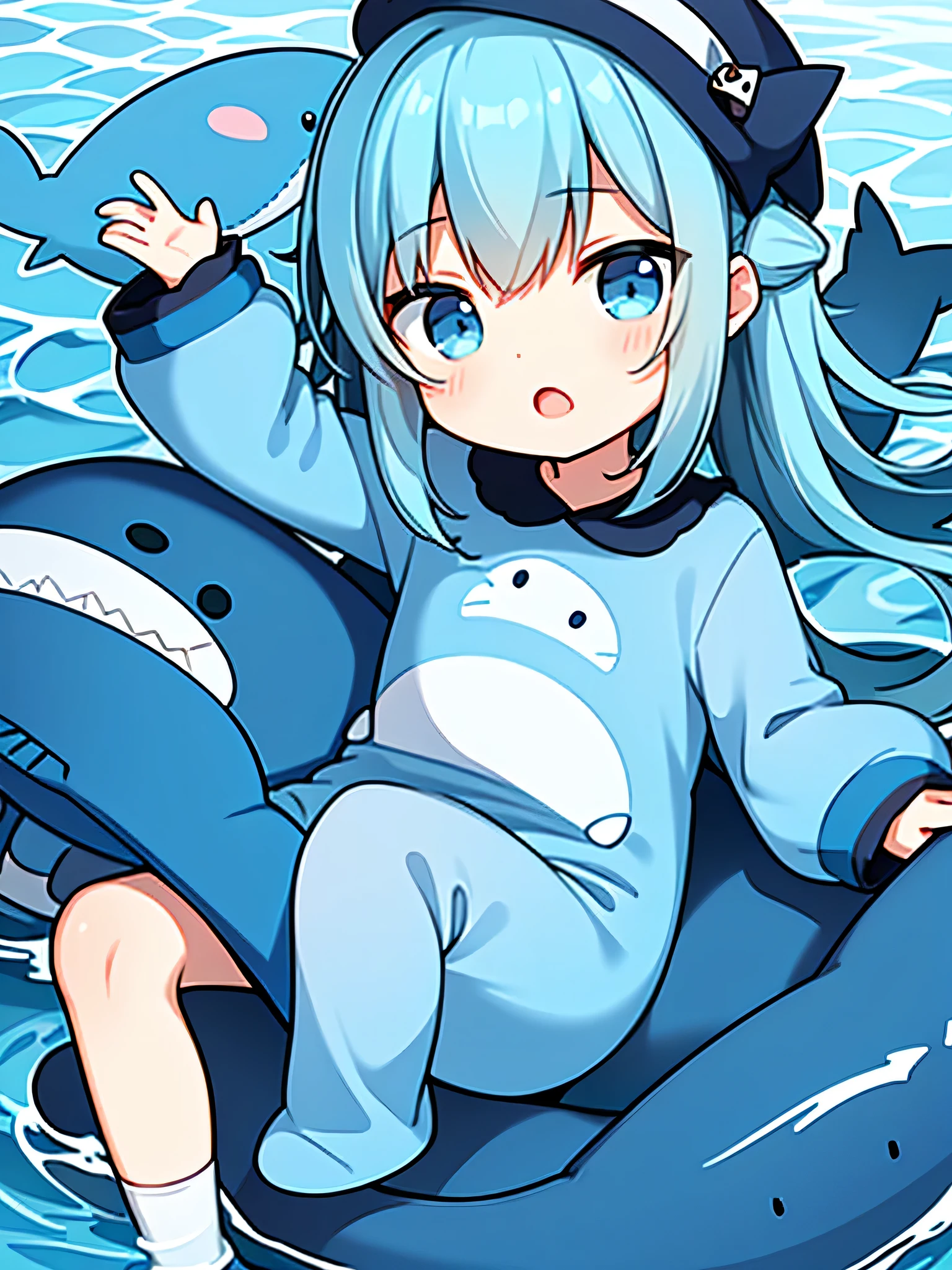 um menino bonito, wearing blue overalls, with sharks and fish, wearing a little blue hat on her head