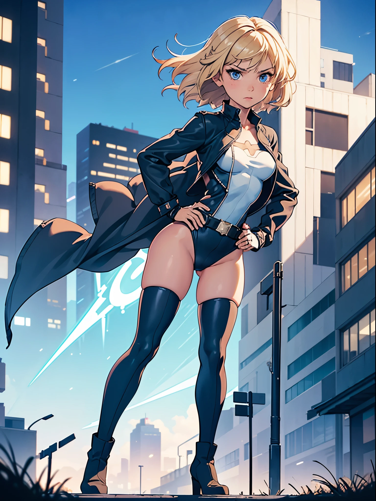 1girl, medium breasts, leotard, light blue leotard bare legs, tight belt, boots, gloves, city backdrop, solo, single, hands on hip, standing, full body shot, cowboy shot, superhero, beautiful detailed eyes, power, diffraction spikes, blonde hair, short hair, wavy hair, high school backdrop, outdoors, teacher