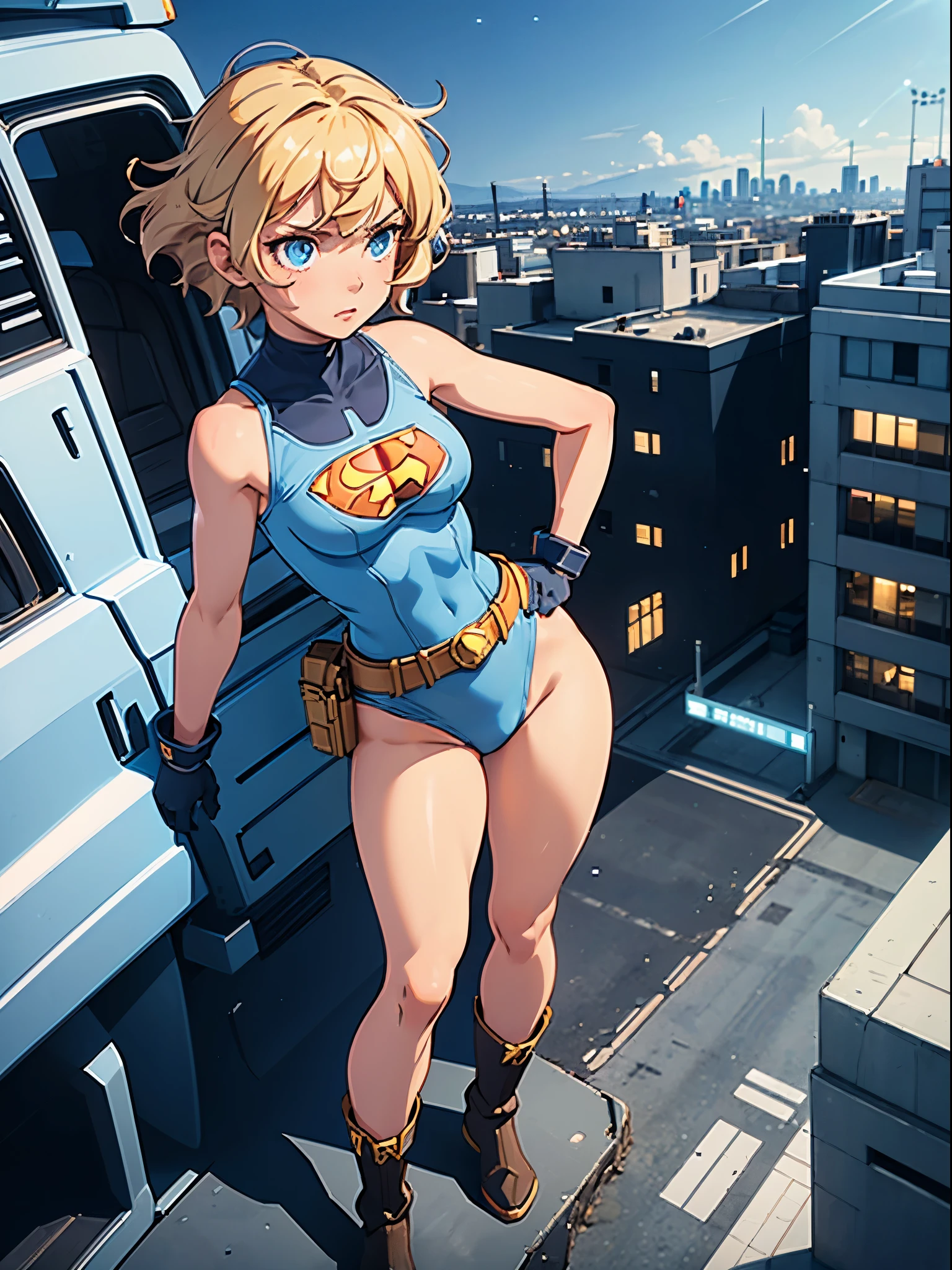 1girl, medium breasts, leotard, light blue leotard, bare legs, tight belt, boots, gloves, city backdrop, solo, single, hands on hip, standing, full body shot, cowboy shot, superhero, beautiful detailed eyes, power, diffraction spikes, blonde hair, short hair, wavy hair, high school backdrop, outdoors, teacher