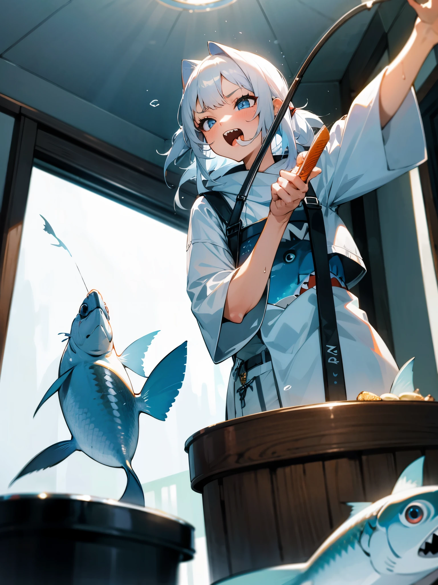 1girl, blue eyes, shark teeth, medium white hair, loose home clothes, fishing a fish in her kitchen sink, fish-eye perspective from a low angle, holding a fishing rod, fish being hooked, expression of surprise and shock, spontaneous moment photo, two-point perspective, in the house kitchen, absurdres, high res, ultrasharp, 8K, masterpiece, looking at fish