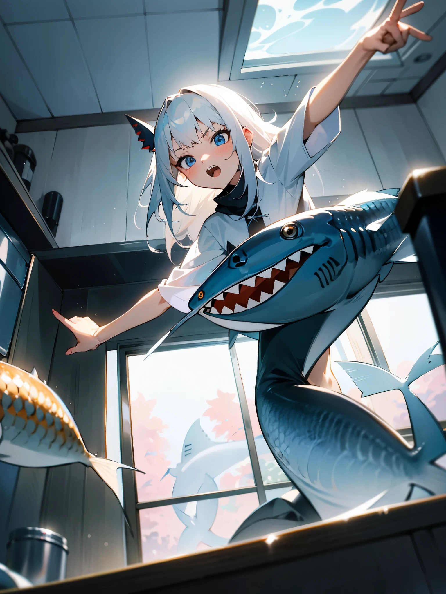 1girl, blue eyes, shark teeth, medium white hair, loose home clothes, fishing a fish in her kitchen sink, fish-eye perspective from a low angle, fish being hooked, expression of surprise and shock, spontaneous moment photo, two-point perspective, in the house kitchen, absurdres, high res, ultrasharp, 8K, masterpiece, looking at fish