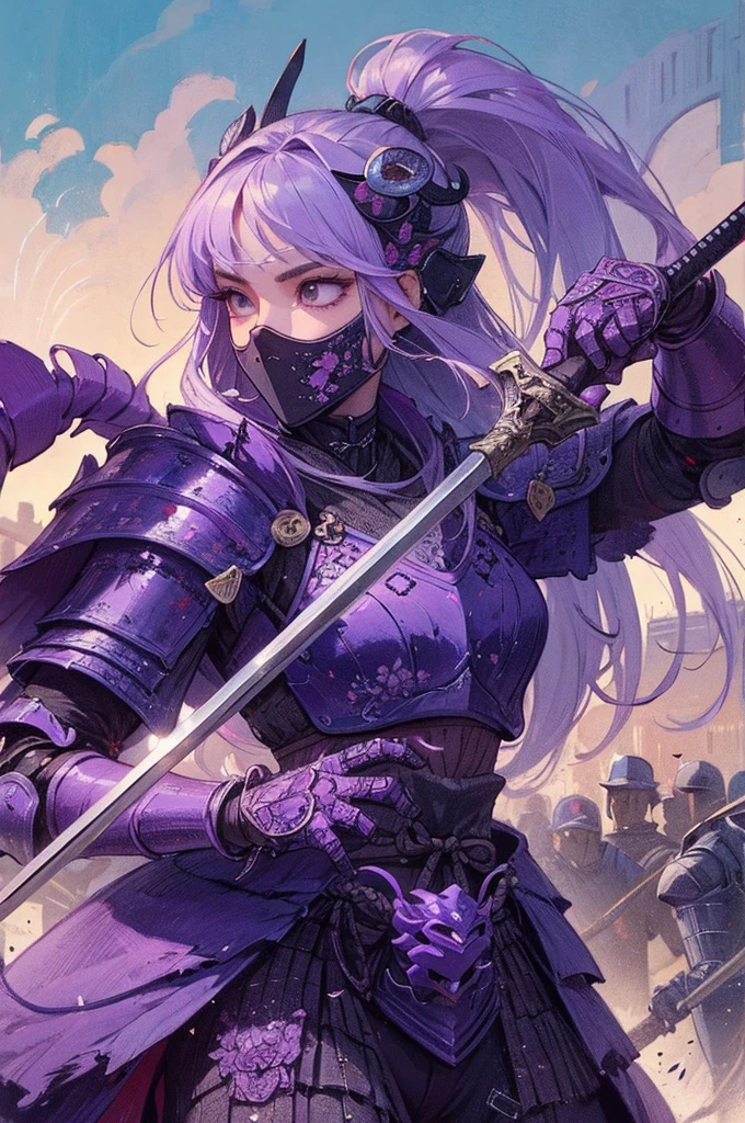 (Detailed illustrations,Very detailed and detailed drawing,Delicate lines with slow and rapid,Realistic texture expression),[Color tressed main line],(Fantasy World Battlefield Background [Burning castle]),(GIRL ROBOT  (purple scorpion[METALFACE]) (SKINNY)) [WEAPON MACHINE],((NINJA Sengoku Armor))[stall],[[poisonous scorpion pattern]],[Use a ninja sword as a weapon],[[Mobile Weapon Gigant Size][Science Fiction Mechanical]],[Clear purple translucent shell that covers the body surface],(Intricate and beautiful decoration [Dense detail]),[Transparency],(Precisely drawn face)[完璧な目のdetaileds(Iris beautifully drawn in every detail)[Jewel-like eyes]],[long and beautiful eyelashes],[Meticulously drawn hair [美しく艷やかな髪のdetaileds]],(完璧な手のdetaileds [Beautiful fingers without breakdowns [Beautiful nails]]),(Perfect Anatomy(Perfectly proportioned))[[Full body like]],[Ideal color coordination(Accurate simulation of light-material interactions)],([Precision Detail](detaileds,high-detail)),[Visual art that conveys a sense of narrative].