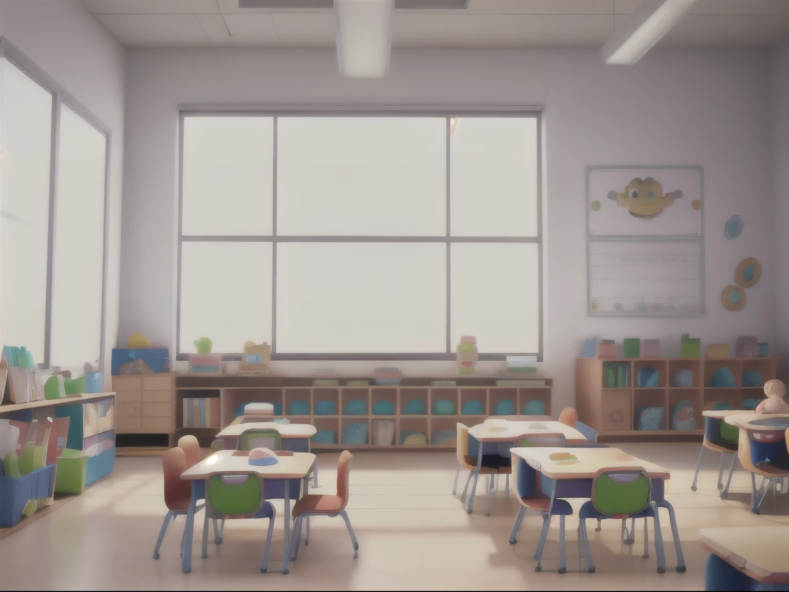 Pixar inspired empty kindergarten classroom. Pictures on the wall, toys in boxes.