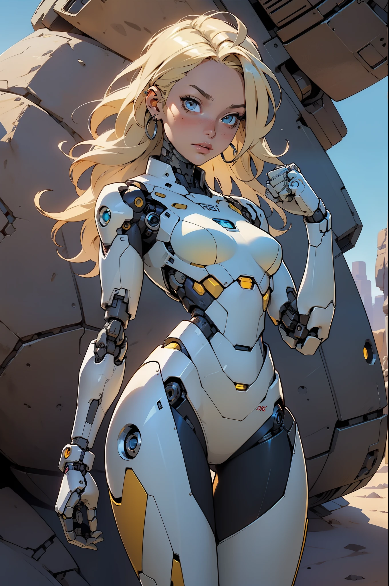 high quality, 4k, masterpiece, beautiful, cyborg girl, cowboy shot, dull eyes, looking at viewer, long blonde hair, girl, small breasts, fit thigh, robotic arms, robotic body, cyborg body, yellow accent, intricate detail, joint, detailed lines, robotic detail, holding fist up, holding hand up as fist, color robotic parts, robotic parts with color, perfect fingers, on a desert planet, sunny background, colorful desert,