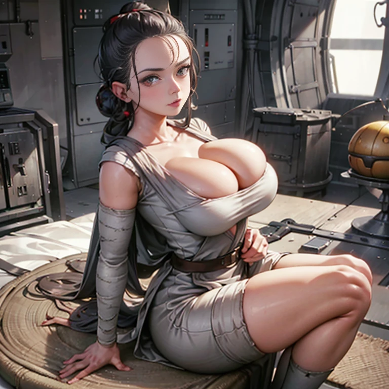 Rey star wars, ultra realistic, overflowing breasts, big thighs, looking at ass, ripping clothes, huge breasts, red eyes, smile, one hand on ass, one hand on boob