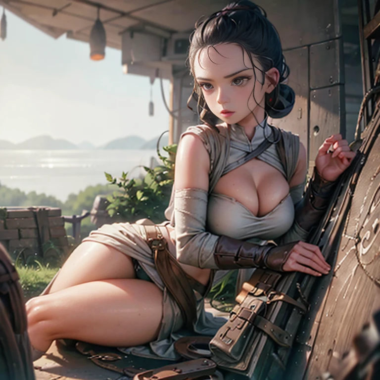 Rey star wars, ultra realistic, overflowing breasts, big thighs, looking at ass, ripping clothes, huge breasts, red eyes, smile, one hand on ass, one hand on boob