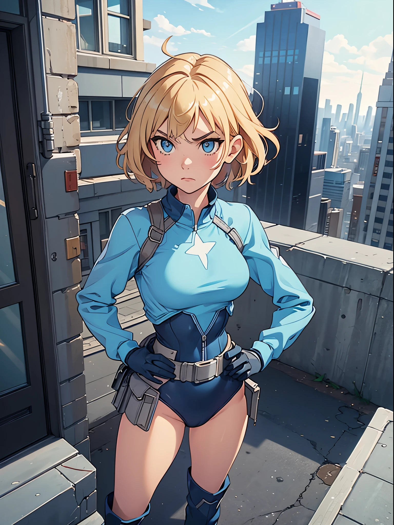 1girl, medium breasts, leotard, light blue leotard, bare legs, tight belt, boots, gloves, city backdrop, solo, single, hands on hip, standing, full body shot, cowboy shot, superhero, beautiful detailed eyes, power, diffraction spikes, blonde hair, short hair, wavy hair, high school backdrop, outdoors, mature lady, teacher