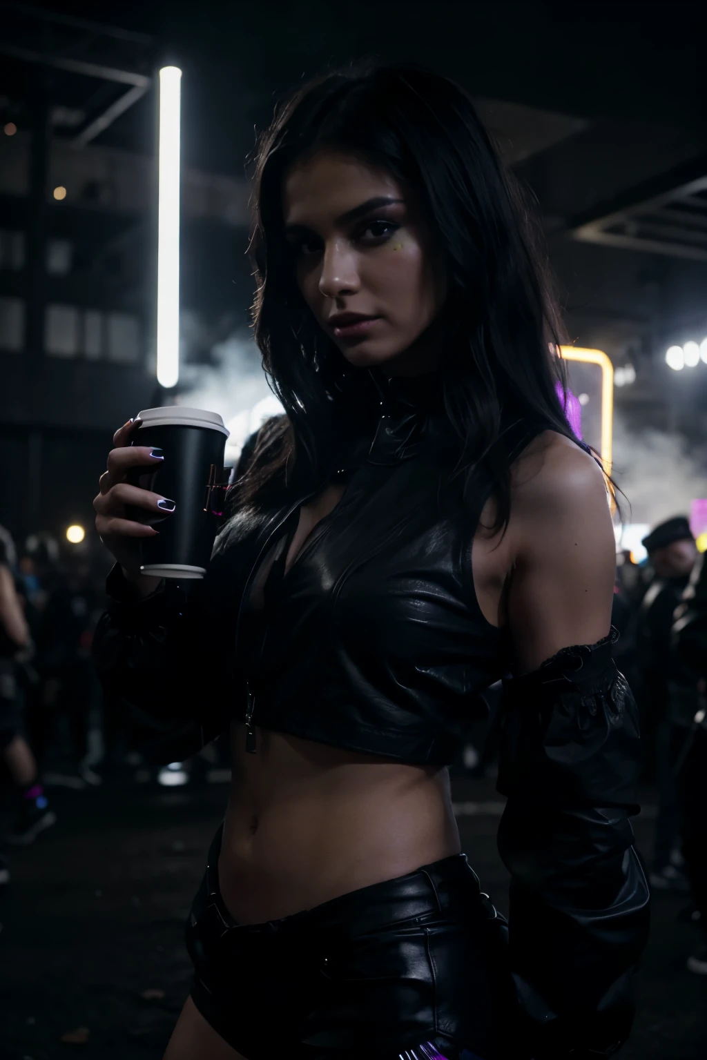 dark vibes, woman model, techno raver, looking badass, no blur, 8k, sexy lady at rave, happy new year vibes, with black reusable cups on the ground
