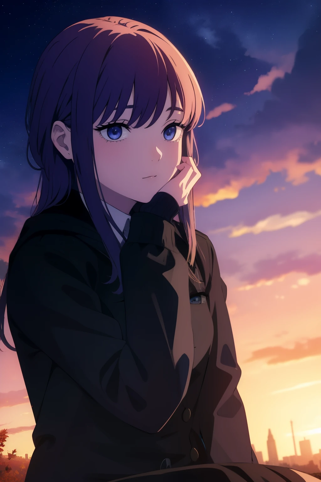 ((beautiful face)), ((masterpiece)), a girl sitting on a hill watches the sunset over the city. autumn, fall colors, trees leaves, sky with stars, sky colors prussian blue cobalt blue purple cyan.