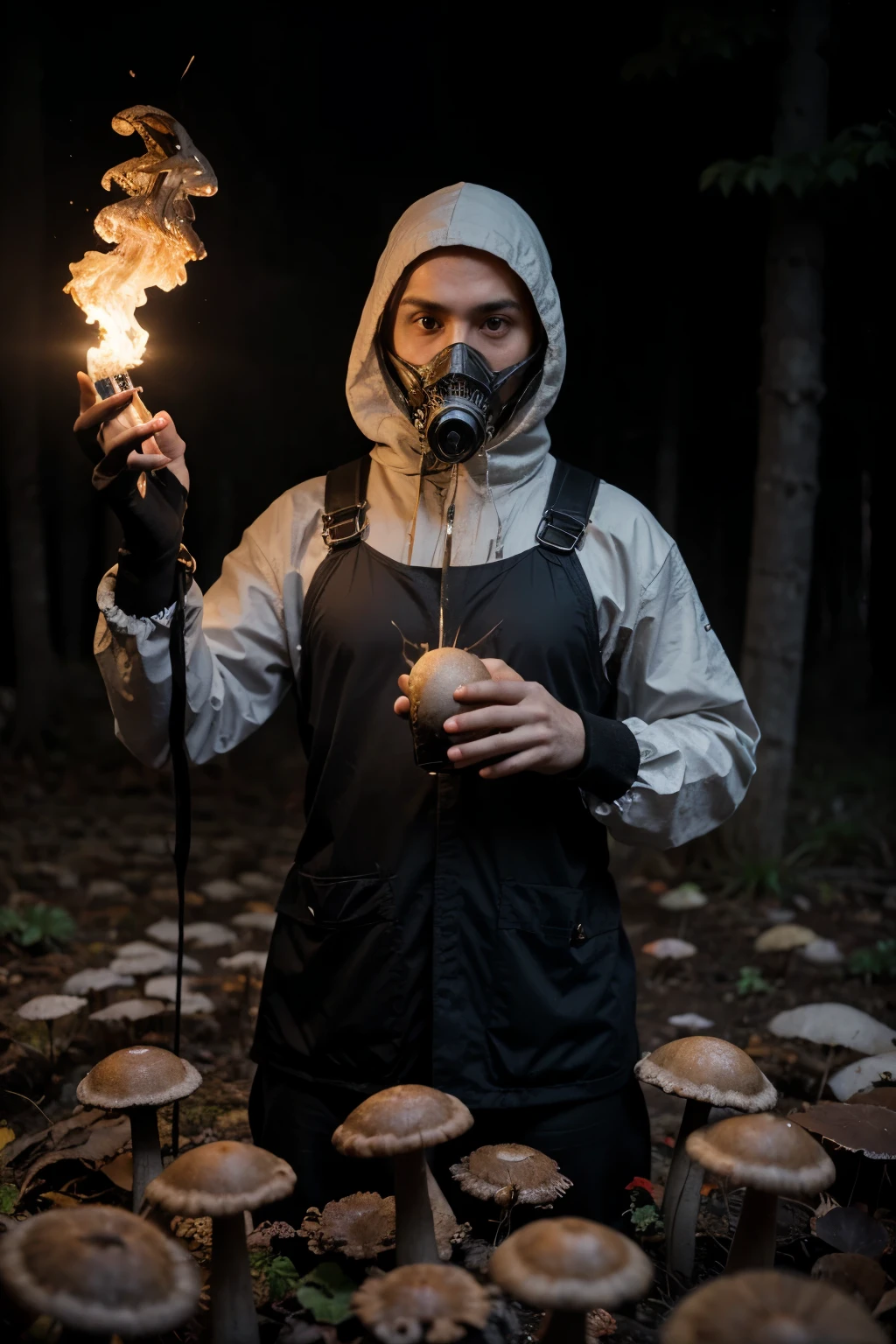 Man with futuristic gas mask forest mushrooms (cogumelos) cristais vidro fogo velas livors e cactos flutuando lua escura leds magia, black clothing silver gray arabic letters magic floating fractals man opening portal wizards (liquid vapors)