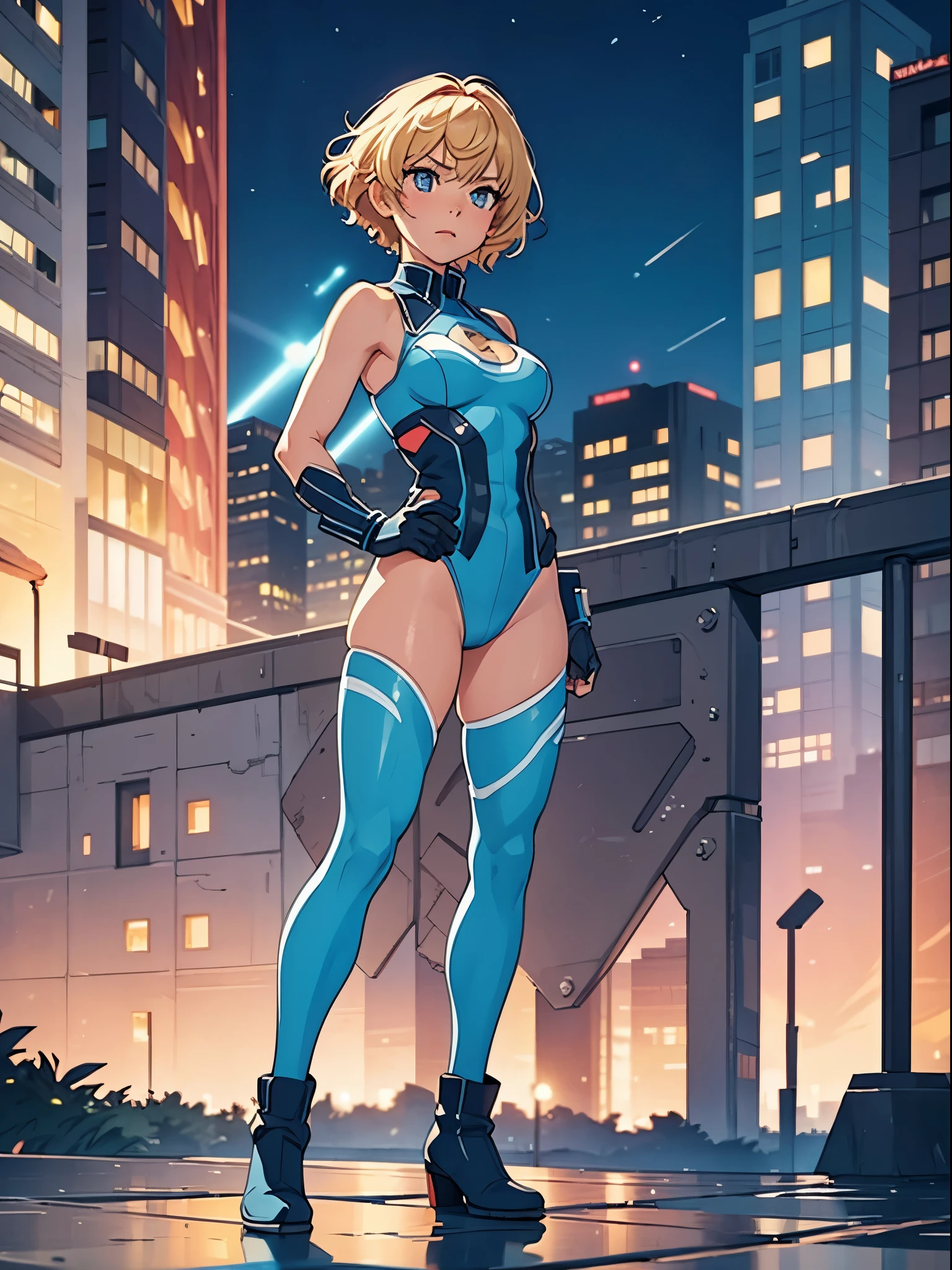 1girl, medium breasts, leotard, light blue leotard, bare legs, tight belt, boots, gloves, city backdrop, solo, single, hands on hip, standing, full body shot, cowboy shot, superhero, beautiful detailed eyes, power, diffraction spikes, blonde hair, short hair, wavy hair, high school backdrop, outdoors, mature lady, teacher