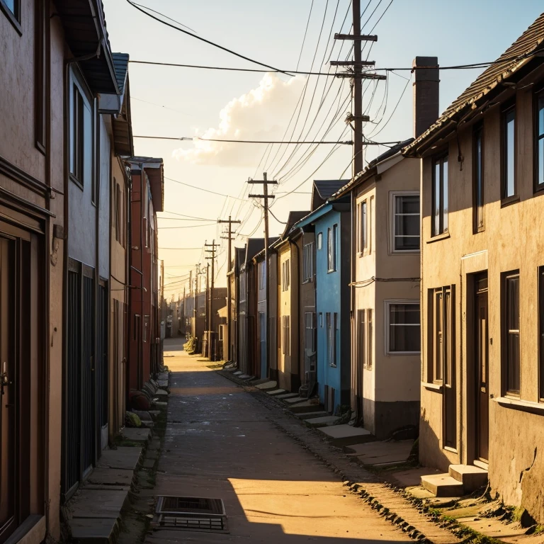 Row of houses with telephone poles and light in the wondows