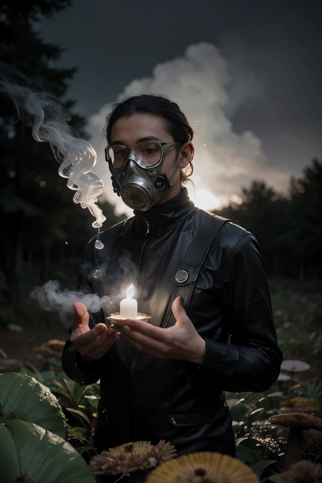 Man with futuristic gas mask forest mushrooms (cogumelos) cristais vidro fogo velas livors e cactos flutuando lua escura leds magia, black clothing silver gray arabic letters magic floating fractals man opening portal wizards (liquid vapors)
