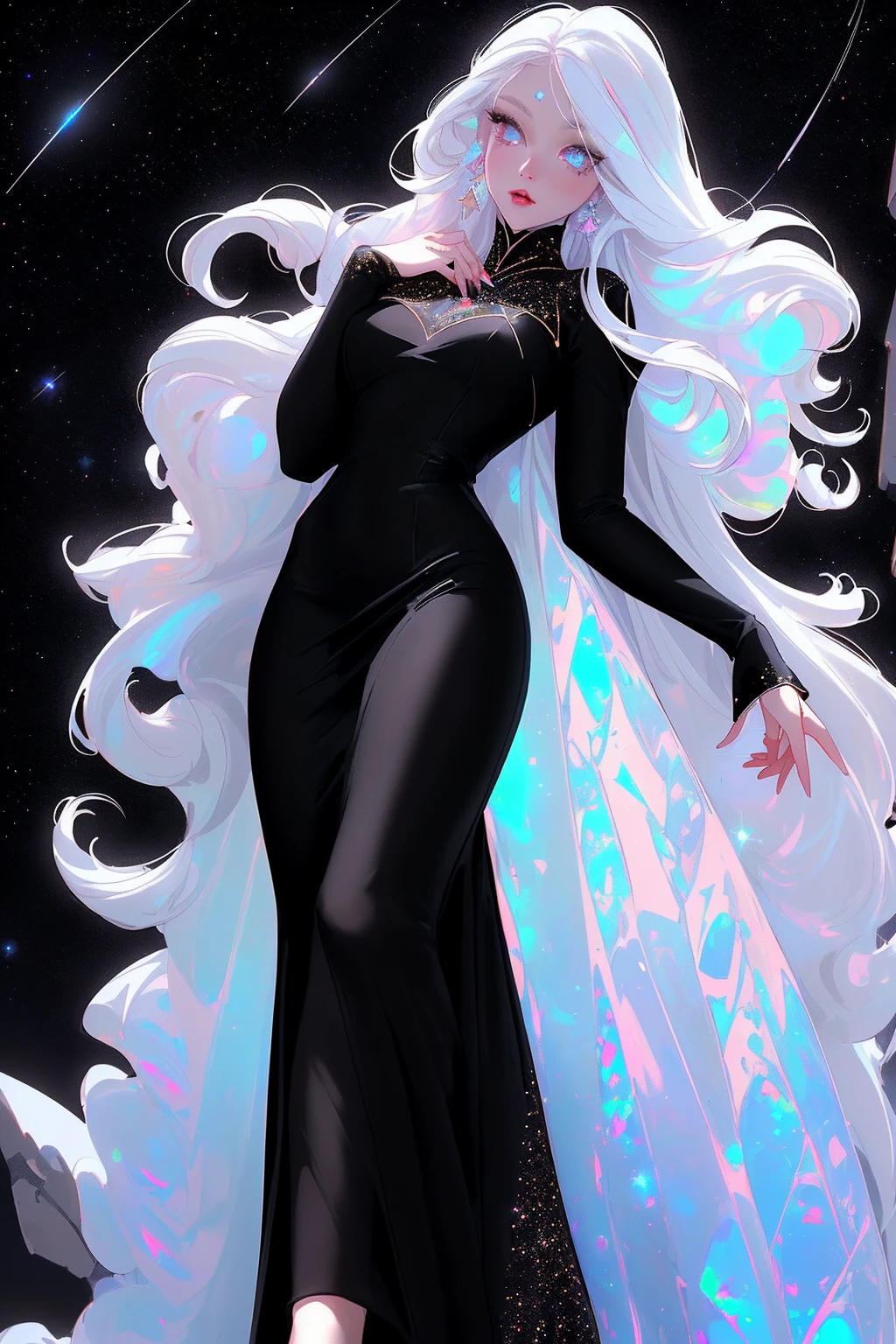 {-erro_de_anatomia:1.0} masterpiece, highest quality, (perfect face:1.1, (high detail)1.1, sweet Alien vampire , long soft white hair, opal eyes, perfectly drawn face, black dress, stars detailed background, prismatic lighting, glitter, whole body, walking feet under the stars