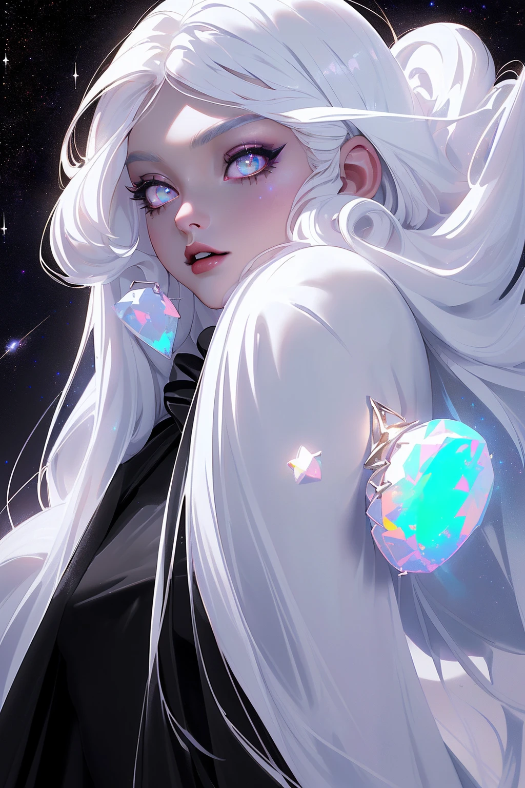 {-erro_de_anatomia:1.0} masterpiece, highest quality, (perfect face:1.1, (high detail)1.1, sweet Alien vampire , long soft white hair, opal eyes, perfectly drawn face, black dress, stars detailed background, prismatic lighting, glitter,  whole body