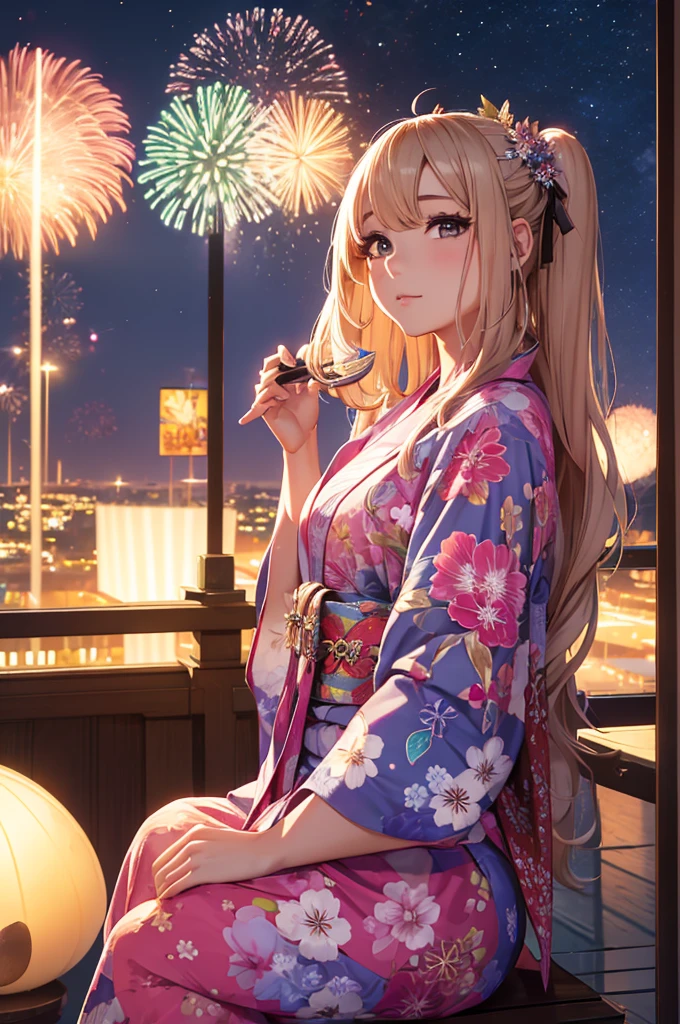 obra prima、Antecedentes com((Fantastic fireworks、starly sky))uma menina da beleza、Enorme teto、Loira longa、Yukata com alto detalhe e decote profundo、Ombro para fora、Cabelo preso em coque e enfeite de cabelo