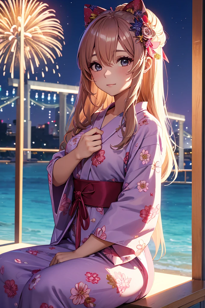 obra prima、Antecedentes com((Fantastic fireworks、starly sky))uma menina da beleza、Enorme teto、Loira longa、Yukata com alto detalhe e decote profundo、Ombro para fora、Cabelo preso em coque e enfeite de cabelo