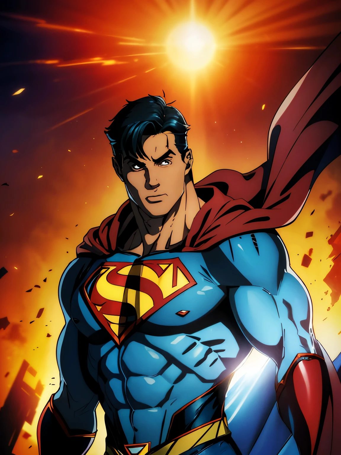superman flying through the sky with a red cape, superman emerging from the sun, superman, jason fabok, superman pose, inspired by Jim Lee, dc comics art style, jason fabok. greg staples, neal adams | centered, inspired by Neal Adams, superman is high, his cape is the american flag, dc comic, dwayne johnson as superman