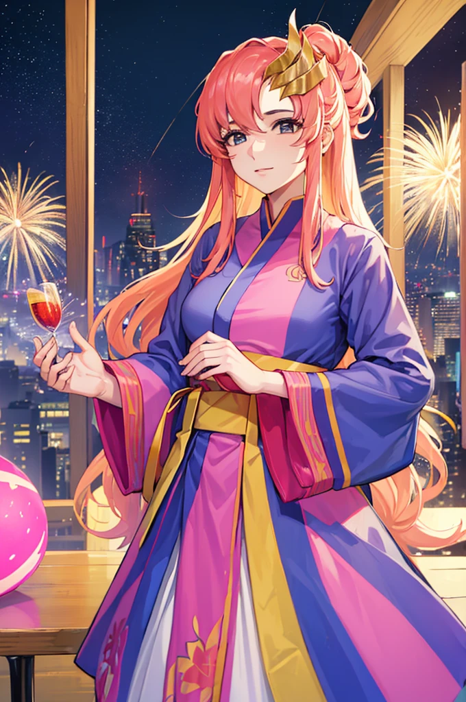 obra prima、Antecedentes com（（Fantastic fireworks、starly sky））uma menina da beleza、Enorme teto、Loira longa、Yukata com alto detalhe e decote profundo、Ombro para fora、Cabelo preso em coque e enfeite de cabelo